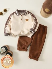 中性嬰兒男/女童 幼兒 2件組 秋冬保暖內裡加厚休閒可愛拼色拼接翻領運動衫套裝 嬰兒運動服 冬季衣服 套裝 - 摩卡棕 - 查看 8