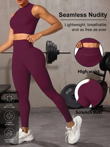 Easithlete Easithlete 女款純色無縫圓領無袖上衣與長褲運動套裝 健身套裝 春節限定 - 酒紅色 - 查看 9