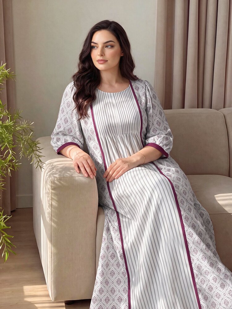 SHEIN Najma Casual Double Curved Striped Pattern Allover White Plus Size Women's Dress, Autumn Round Neck Pleated Design, Mid-Length Sleeves, Cinched Waist - Multicolor - View 5