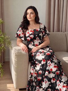 Modelyn Women's Plus Size Halloween Fun Ghost Floral Spider Web Print Black Dress, Fashion Square Neck Short Sleeve, Spring/Summer Long Casual 1920 Vintage - Multicolor - View 5