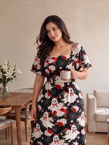 Modelyn Women's Plus Size Halloween Fun Ghost Floral Spider Web Print Black Dress, Fashion Square Neck Short Sleeve, Spring/Summer Long Casual 1920 Vintage - Multicolor - View 4