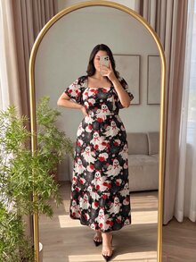 Modelyn Women's Plus Size Halloween Fun Ghost Floral Spider Web Print Black Dress, Fashion Square Neck Short Sleeve, Spring/Summer Long Casual 1920 Vintage - Multicolor - View 6