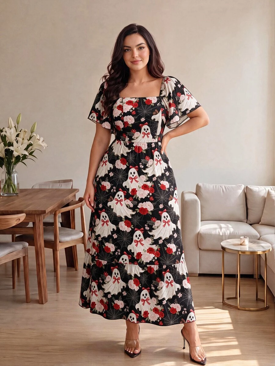 Modelyn Women's Plus Size Halloween Fun Ghost Floral Spider Web Print Black Dress, Fashion Square Neck Short Sleeve, Spring/Summer Long Casual 1920 Vintage - Multicolor - View 1