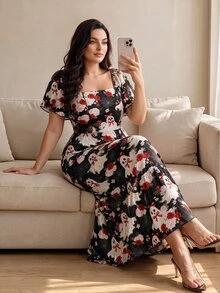Modelyn Women's Plus Size Halloween Fun Ghost Floral Spider Web Print Black Dress, Fashion Square Neck Short Sleeve, Spring/Summer Long Casual 1920 Vintage - Multicolor - View 3