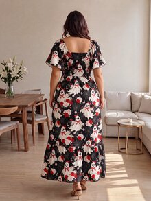 Modelyn Women's Plus Size Halloween Fun Ghost Floral Spider Web Print Black Dress, Fashion Square Neck Short Sleeve, Spring/Summer Long Casual 1920 Vintage - Multicolor - View 2