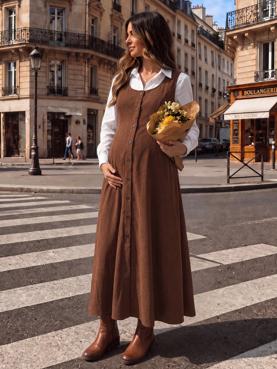 Momance Fashionable Comfortable Brown Front Button Maternity Dress - Brown - View 1