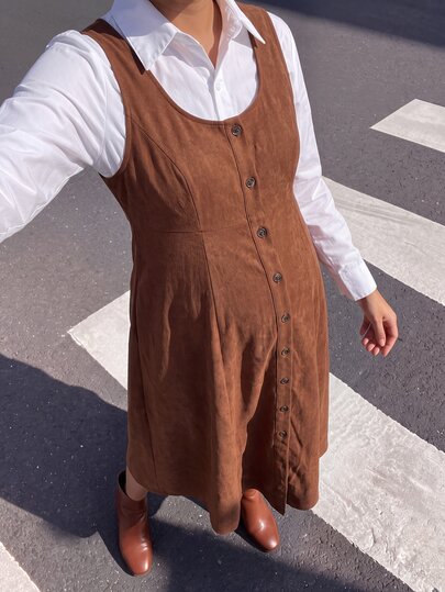 Momance Fashionable Comfortable Brown Front Button Maternity Dress