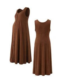 Momance Fashionable Comfortable Brown Front Button Maternity Dress - Brown - View 3