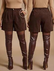 SHEIN LUNE Plus Size Casual Versatile Pocket Button Shorts For Daily Wear - Coffee Brown - View 8
