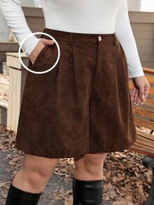 SHEIN LUNE Plus Size Casual Versatile Pocket Button Shorts For Daily Wear - Coffee Brown - View 2
