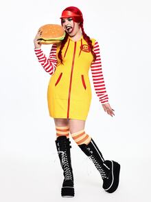 ROMWE Avant Halloween Cosplay Role Play Stage Performance Costume Plus Size Slim Fit Hooded Dress - Yellow - View 1