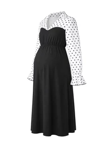 Momance Elegant Commuter Style Maternity Dress With Shirt Collar And Polka Dot Patchwork - Black - View 3