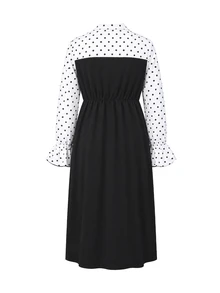 Momance Elegant Commuter Style Maternity Dress With Shirt Collar And Polka Dot Patchwork - Black - View 2