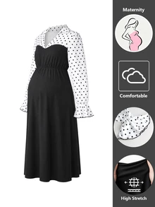 Momance Elegant Commuter Style Maternity Dress With Shirt Collar And Polka Dot Patchwork - Black - View 9