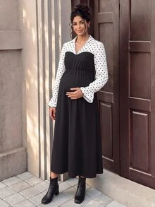 Momance Elegant Commuter Style Maternity Dress With Shirt Collar And Polka Dot Patchwork - Black - View 10