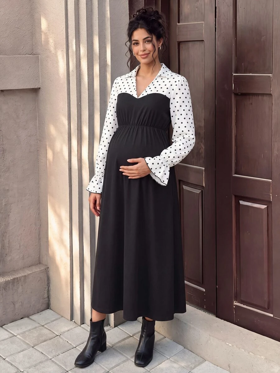 Momance Elegant Commuter Style Maternity Dress With Shirt Collar And Polka Dot Patchwork - Black - View 1