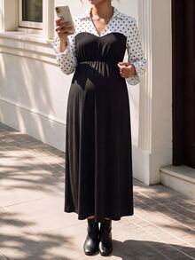 Momance Elegant Commuter Style Maternity Dress With Shirt Collar And Polka Dot Patchwork - Black - View 8