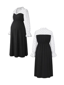 Momance Elegant Commuter Style Maternity Dress With Shirt Collar And Polka Dot Patchwork - Black - View 4