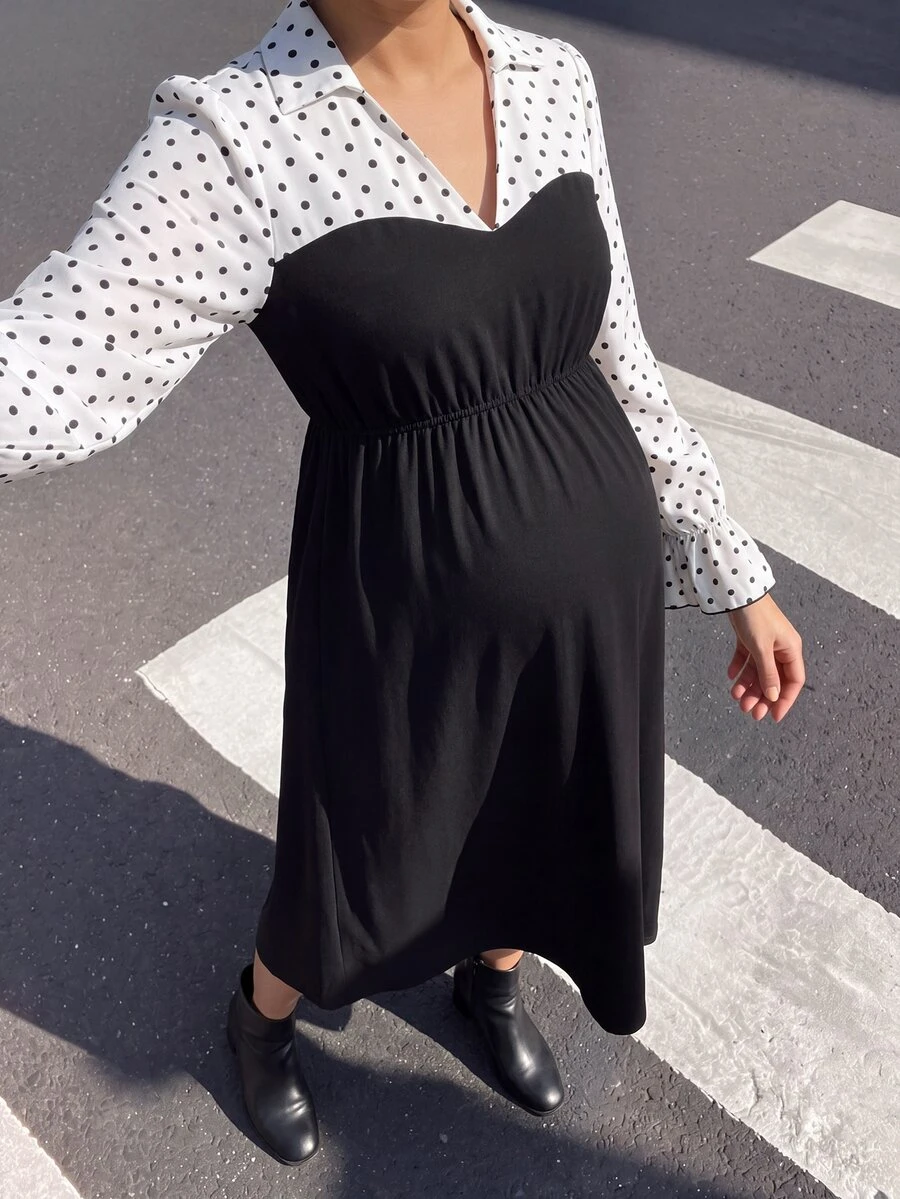 Momance Elegant Commuter Style Maternity Dress With Shirt Collar And Polka Dot Patchwork - Black - View 1
