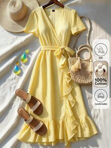 EMERY ROSE Standard Size Women's Ruffle V-Neck Fitted Vacation Elegant Mid-Length Dress - Yellow - View 4