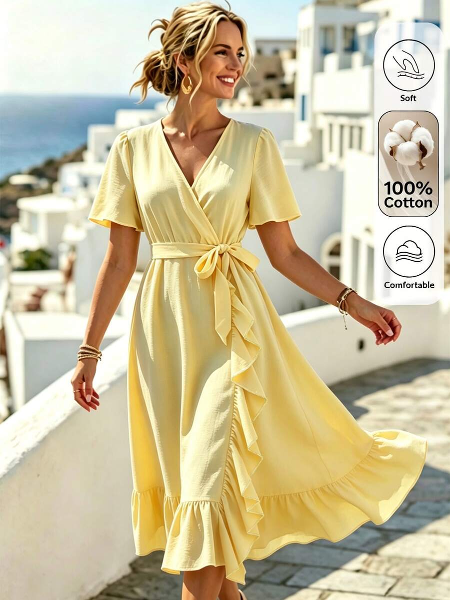 EMERY ROSE Standard Size Women's Ruffle V-Neck Fitted Vacation Elegant Mid-Length Dress - Yellow - View 1