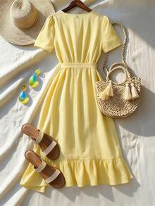 EMERY ROSE Standard Size Women's Ruffle V-Neck Fitted Vacation Elegant Mid-Length Dress - Yellow - View 2