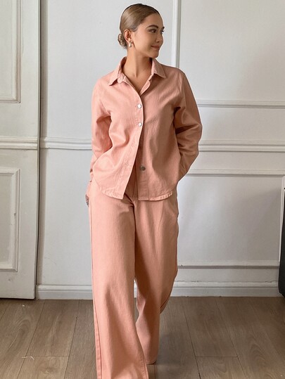 Livesso Conjunto de camisa y pantalones de mezclilla casual para uso diario y desplazamientos de mujer, otoño, rosa salmón