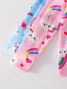 4pcs Girls Comfortable Soft High Elastic Fabric Pink Blue Rainbow Unicorn Pattern Crew Neck Long Sleeve Long Pants Tight Pajama Set - Baby Pink - View 7