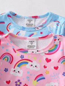 4pcs Girls Comfortable Soft High Elastic Fabric Pink Blue Rainbow Unicorn Pattern Crew Neck Long Sleeve Long Pants Tight Pajama Set - Baby Pink - View 5