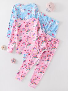 4pcs Girls Comfortable Soft High Elastic Fabric Pink Blue Rainbow Unicorn Pattern Crew Neck Long Sleeve Long Pants Tight Pajama Set - Baby Pink - View 2