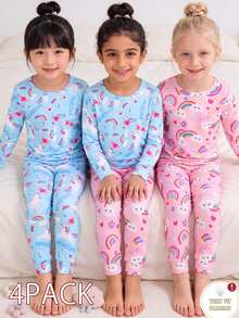 4pcs Girls Comfortable Soft High Elastic Fabric Pink Blue Rainbow Unicorn Pattern Crew Neck Long Sleeve Long Pants Tight Pajama Set - Baby Pink - View 3