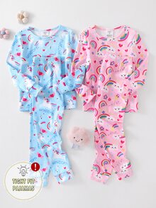 4pcs Girls Comfortable Soft High Elastic Fabric Pink Blue Rainbow Unicorn Pattern Crew Neck Long Sleeve Long Pants Tight Pajama Set - Baby Pink - View 1