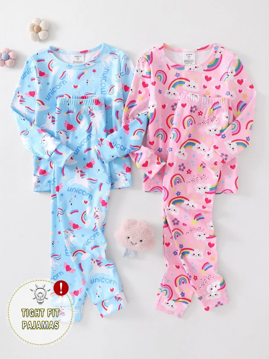 4pcs Girls Comfortable Soft High Elastic Fabric Pink Blue Rainbow Unicorn Pattern Crew Neck Long Sleeve Long Pants Tight Pajama Set - Baby Pink - View 1