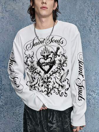 T-shirt à manches longues pour homme avec imprimé graphique de fleur d'épine