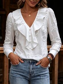Omancia Vacation Casual Solid Color Ruffle 3D Floral Blouse - White - View 6