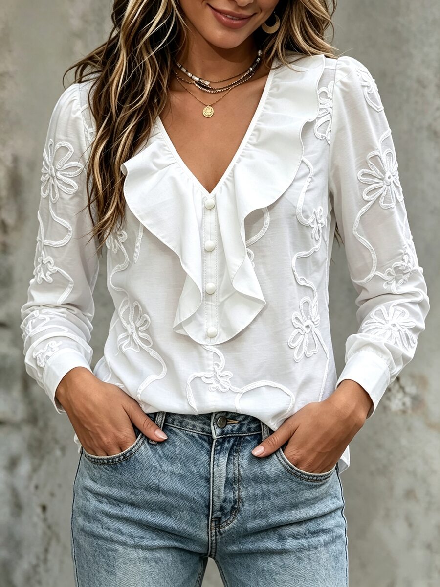 Omancia Vacation Casual Solid Color Ruffle 3D Floral Blouse - White - View 1