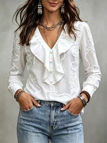 Omancia Vacation Casual Solid Color Ruffle 3D Floral Blouse - White - View 4