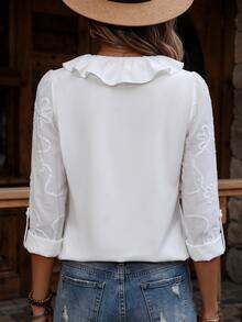 Omancia Vacation Casual Solid Color Ruffle 3D Floral Blouse - White - View 2