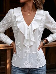 Omancia Vacation Casual Solid Color Ruffle 3D Floral Blouse - White - View 7