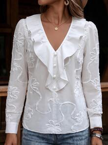 Omancia Vacation Casual Solid Color Ruffle 3D Floral Blouse - White - View 5
