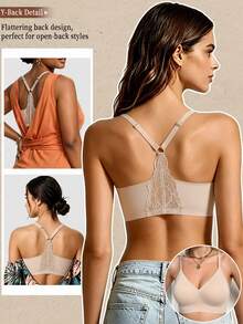 SHEIN Women's Seamless Lace Bra, Y-Back Wireless Full-Coverage Bralette, Upper Chest Support, Soft Everyday Lingerie For Commute & Daily Wear - Apricot - View 7