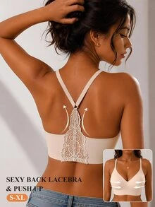 SHEIN Women's Seamless Lace Bra, Y-Back Wireless Full-Coverage Bralette, Upper Chest Support, Soft Everyday Lingerie For Commute & Daily Wear - Apricot - View 6