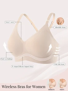 SHEIN Women's Seamless Lace Bra, Y-Back Wireless Full-Coverage Bralette, Upper Chest Support, Soft Everyday Lingerie For Commute & Daily Wear - Apricot - View 8