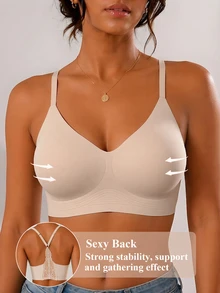 SHEIN Women's Seamless Lace Bra, Y-Back Wireless Full-Coverage Bralette, Upper Chest Support, Soft Everyday Lingerie For Commute & Daily Wear - Apricot - View 3