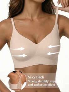SHEIN Women's Seamless Lace Bra, Y-Back Wireless Full-Coverage Bralette, Upper Chest Support, Soft Everyday Lingerie For Commute & Daily Wear - Apricot - View 4