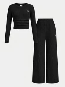 SHEIN 青少年女孩百搭蝴蝶結圖案長袖上衣與長褲兩件套，淺灰色 - 黑色 - 查看 9