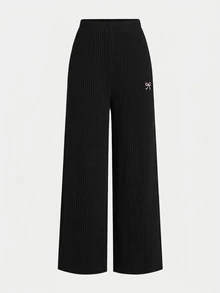SHEIN 青少年女孩百搭蝴蝶結圖案長袖上衣與長褲兩件套，淺灰色 - 黑色 - 查看 3