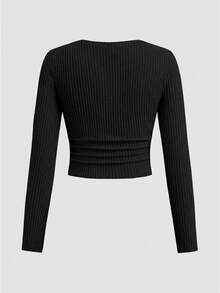 SHEIN 青少年女孩百搭蝴蝶結圖案長袖上衣與長褲兩件套，淺灰色 - 黑色 - 查看 7