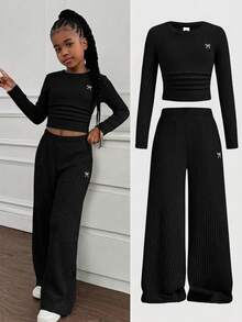 SHEIN 青少年女孩百搭蝴蝶結圖案長袖上衣與長褲兩件套，淺灰色 - 黑色 - 查看 1