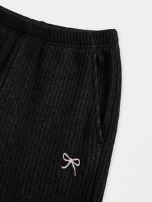 SHEIN 青少年女孩百搭蝴蝶結圖案長袖上衣與長褲兩件套，淺灰色 - 黑色 - 查看 11